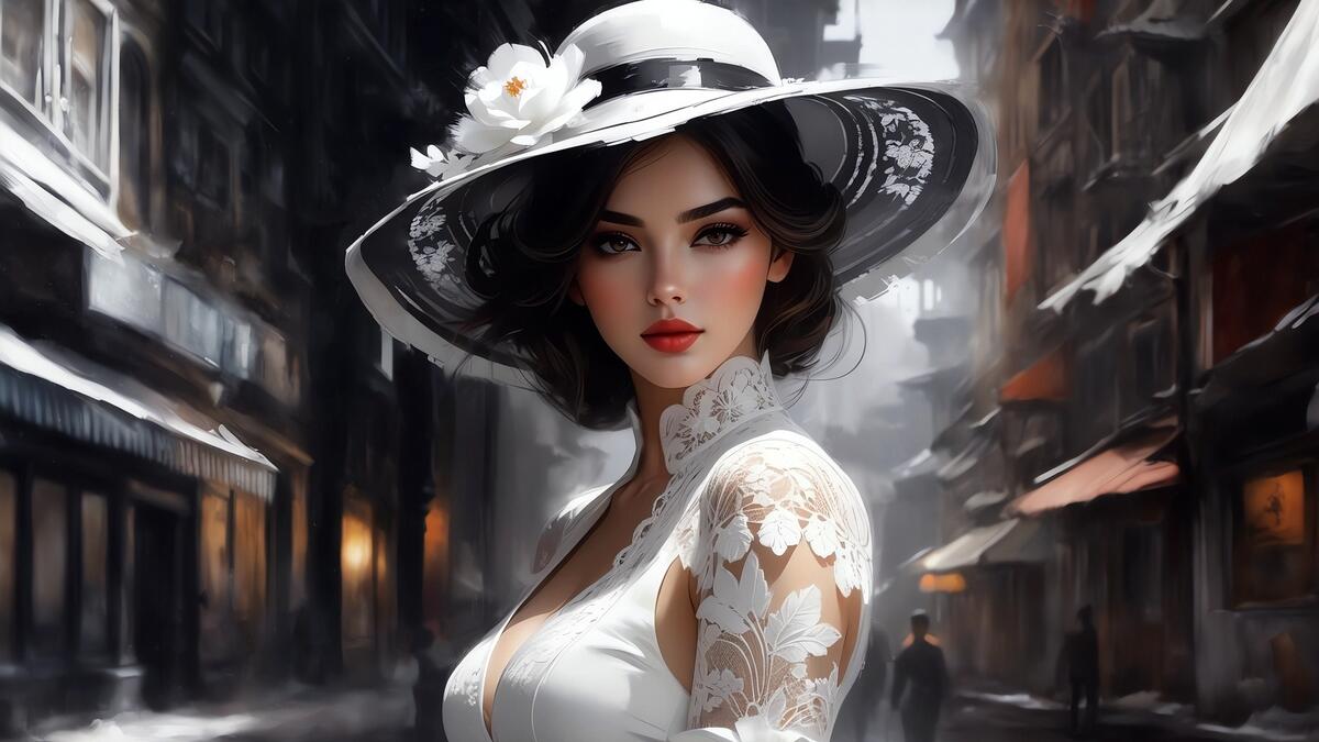 Портрет девушки в белой шляпе и платье на улице старого города